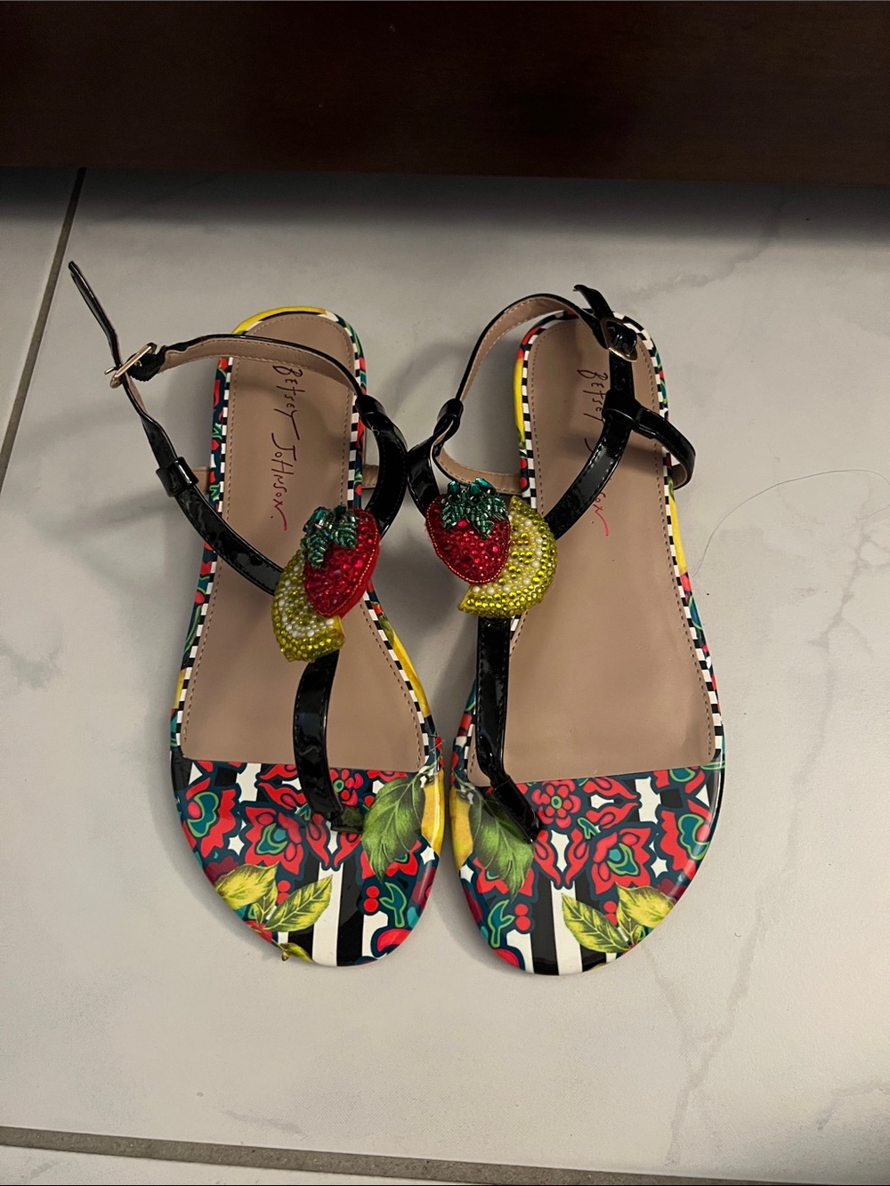 BRAND NEW Betsey Johnson Black Floral Lemon & Strawberry Embellished Sandals